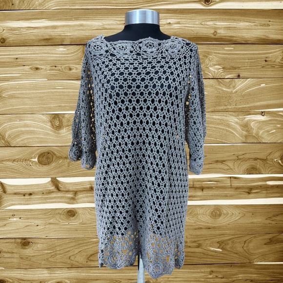 Crochet Cover Up Tunic Top Knit Pullover Sweater Dress Gray size Medium/Large - Picture 1 of 7